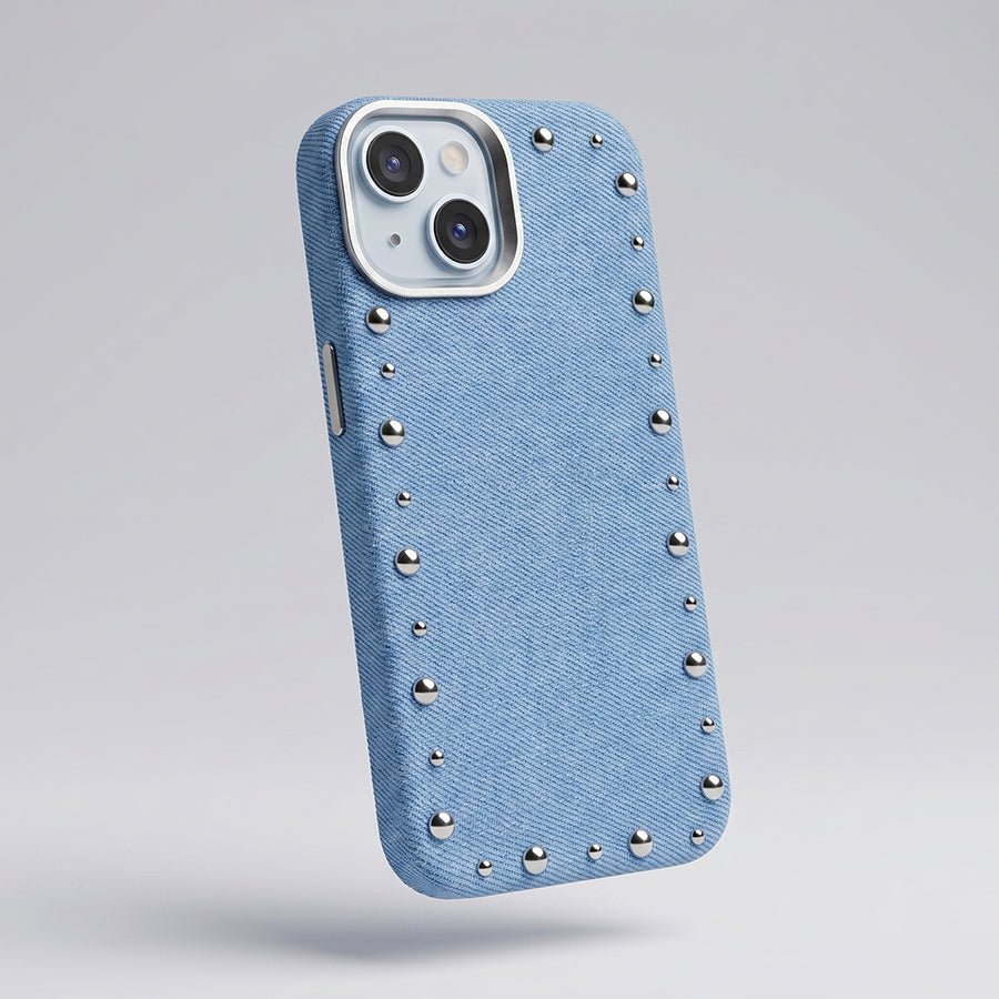 Funda Denim MagBattery para iPhone 14 Plus — vista trasera con cierre magnético
