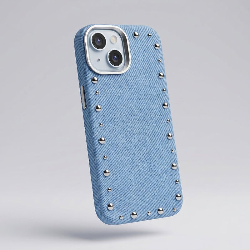 Funda Denim MagBattery para iPhone 13 — vista trasera con cierre magnético
