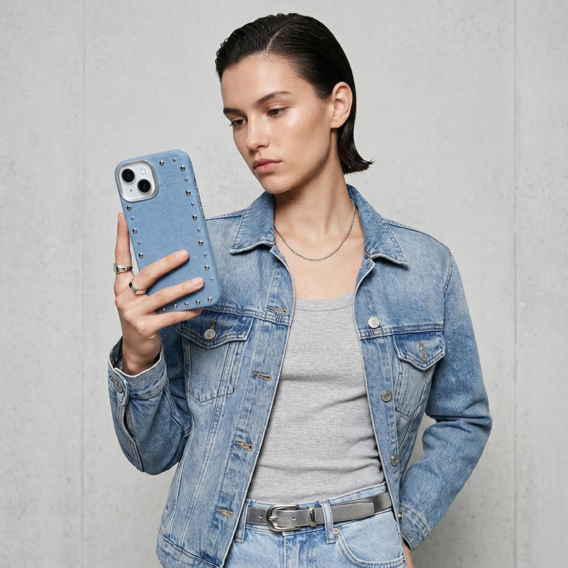 Funda Denim MagBattery para iPhone 14 — perfil lateral y protección
