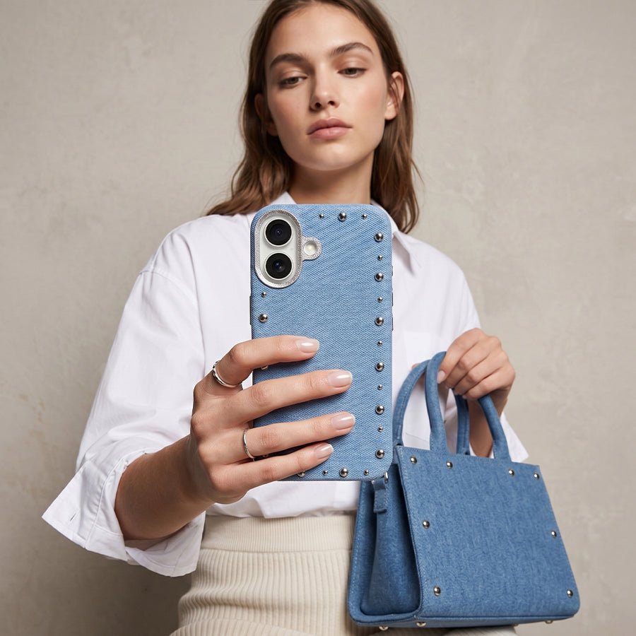 Detalle del acabado vaquero de la funda Denim MagBattery para iPhone 16
